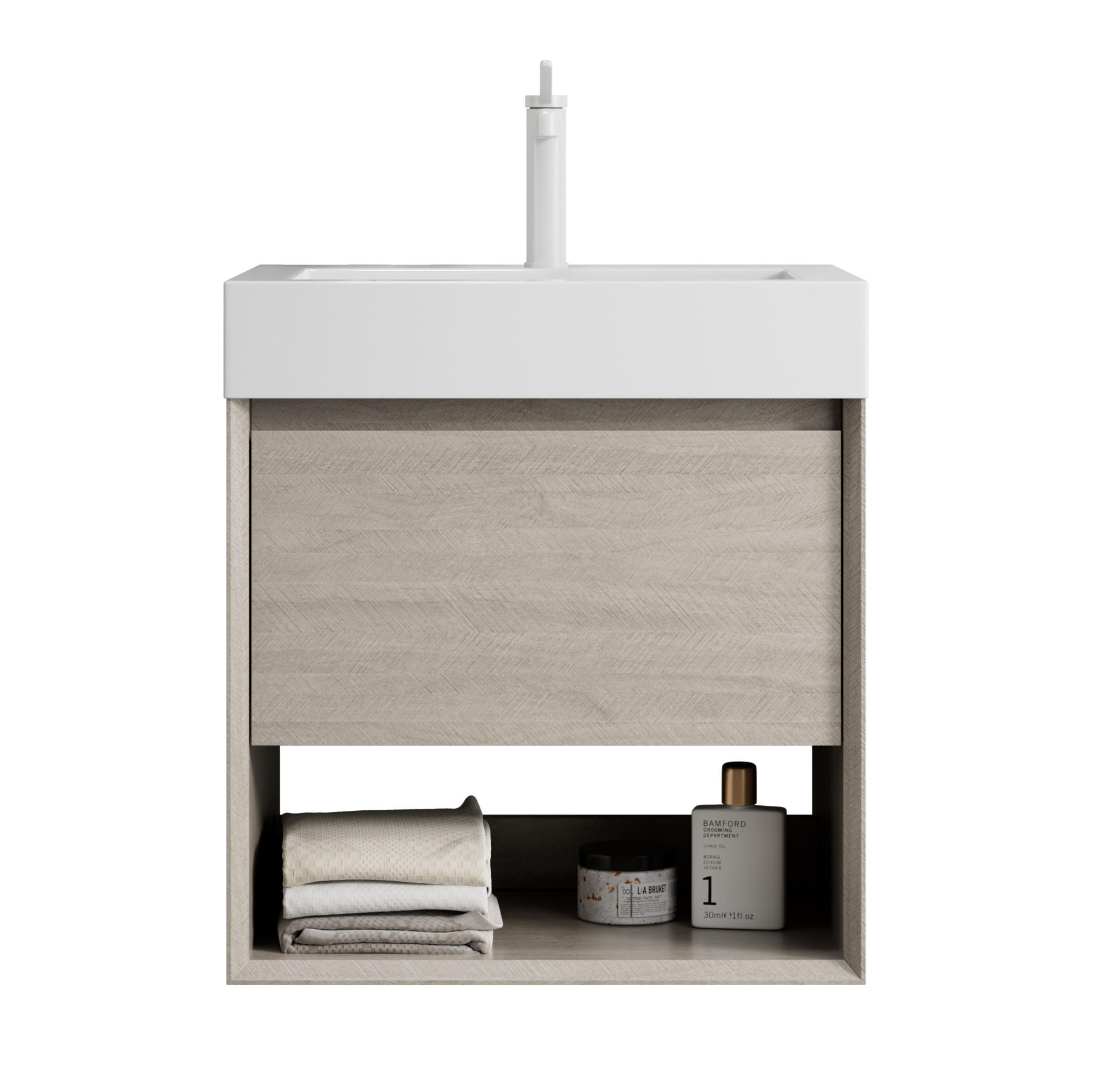 WASCHTISCHKOMBI 55 cm in Eiche/Weiß mit Soft-Close-Schublade und offenem Fach - Creme, Kunststoff (55/60/46cm) - BEAOK