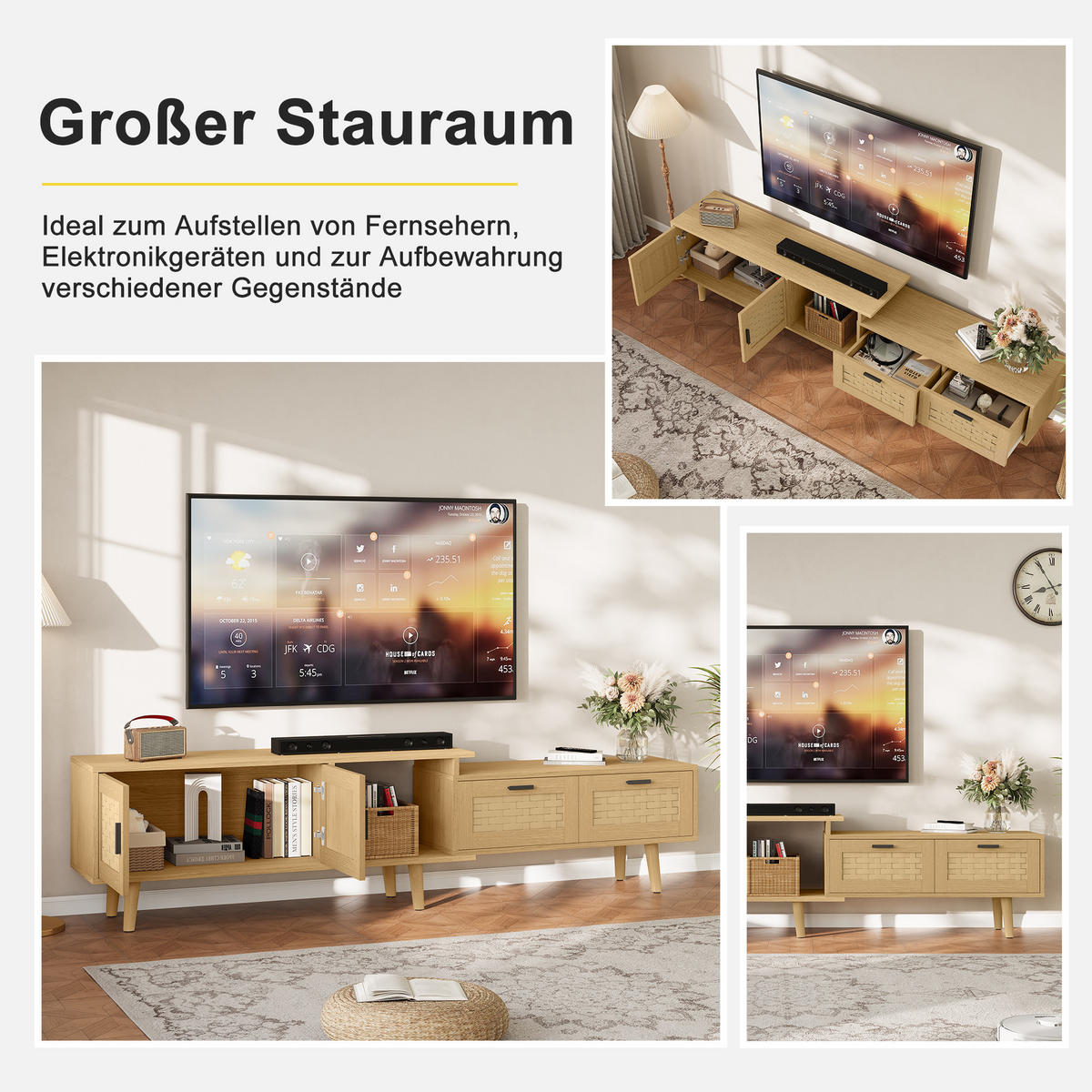 TV LOWBOARD ausziehbar 146–180 cm 2 Türen 2 Schubladen Holz - Naturfarben, Holz (146/44/29.8cm) - Fortuna Lai