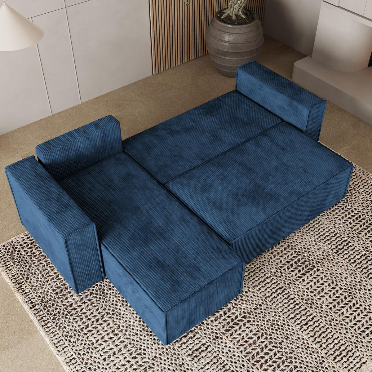 ROHOVÁ SEDAČKA RAVELO modrá - šedá/modrá, dřevo/textil (240/140cm) - MASSENO