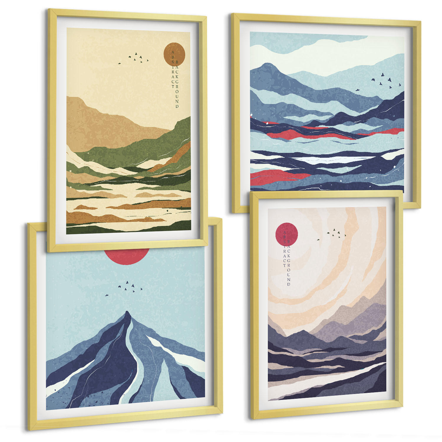BILDER SET 4er Set - 50x50 cm & 40x60 cm Goldrahmen - Pastellfarbene Berge im Japandi-Stil - Goldfarben, Kunststoff (50/50cm) - TULUP
