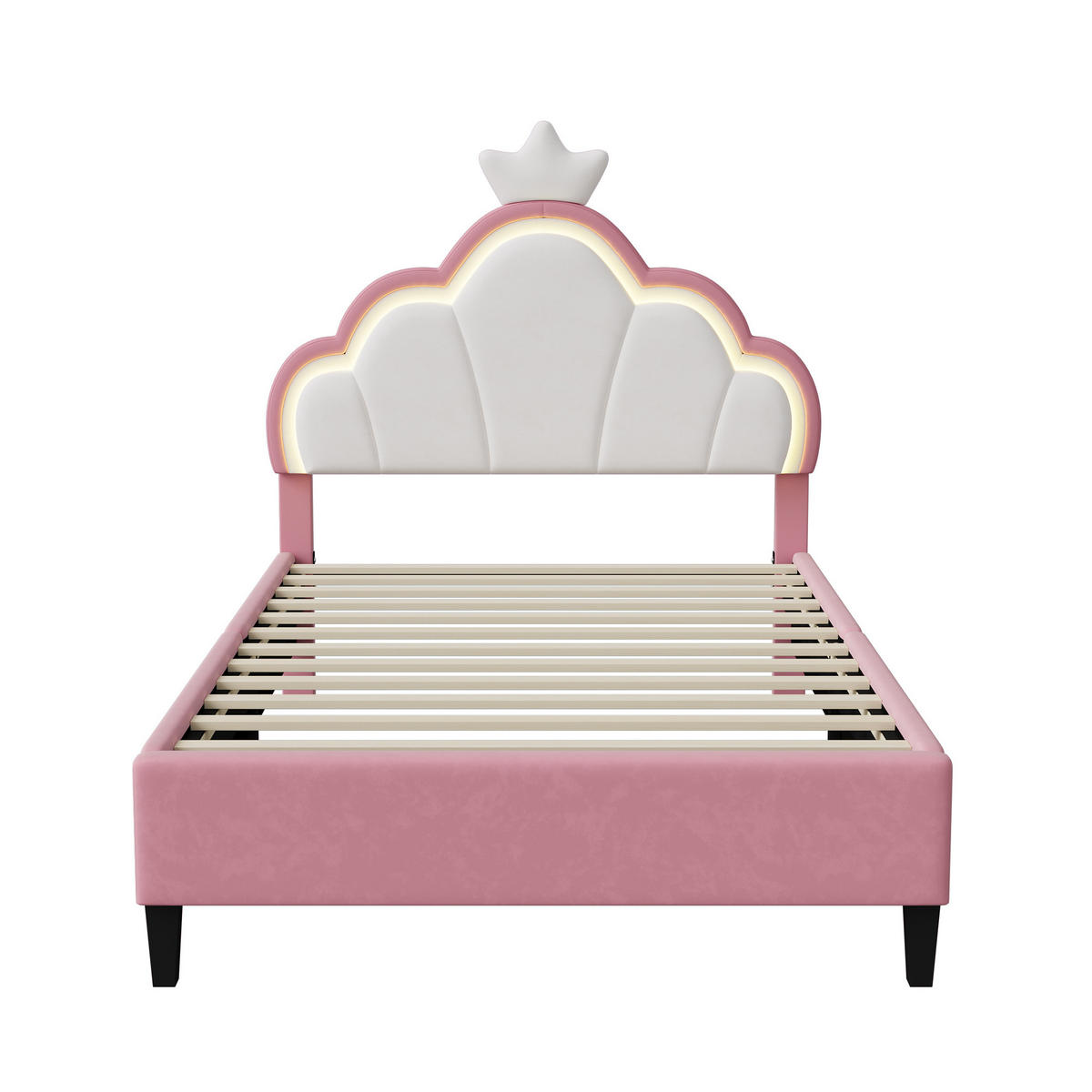 POLSTERBETT 90x200 cm, Kinderbett, Krone-Design mit farbwechselnden LED, weicher Flauschstoff in Rosa - Rosa, Holz (90/200cm) - BRILVERDE