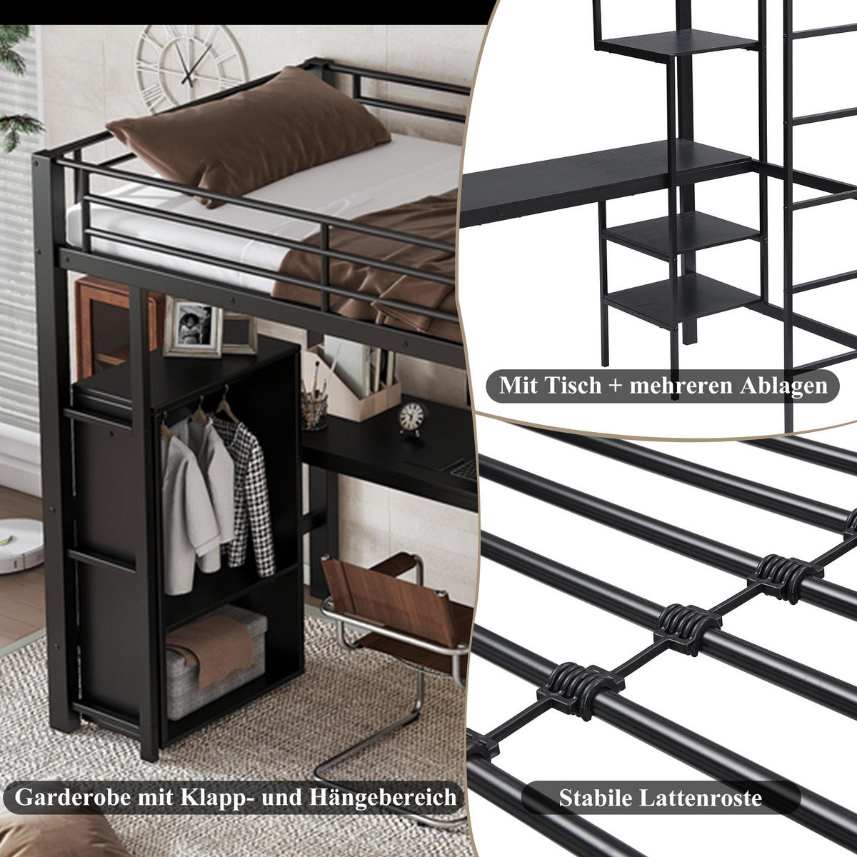 HOCHBETT 90x200 cm Tisch Schrank schwarz - Schwarz, Metall (90/200cm) - LEBENLANG