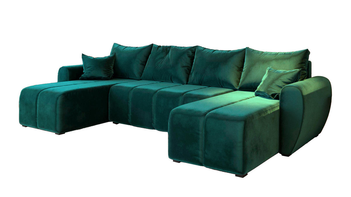 WOHNLANDSCHAFT MADISON U Grün Plüsch-Stoff mit Schlaffunktion - Grün, Holz (311/82/145cm) - MASSENO