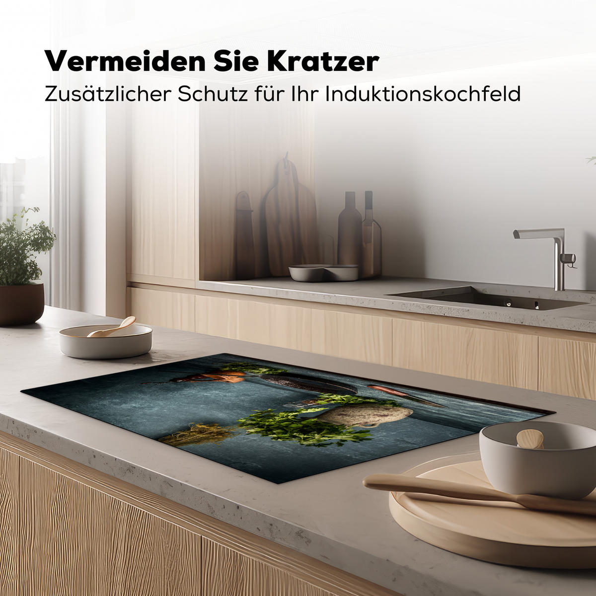 HERDABDECKPLATTE Kräuter - Gewürze - Pfanne - Messer - Grau - Rustikal 85x52 cm - Petrol, Kunststoff (85/0.2/52cm) - MuchoWow