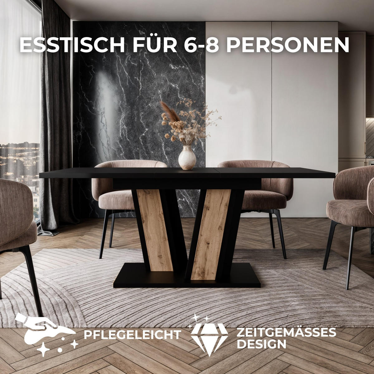 ESSTISCH Ausziehbar von 140 bis 180 cm in Schwarz - Schwarz, Holzwerkstoff (80/180/75cm) - Home Collective