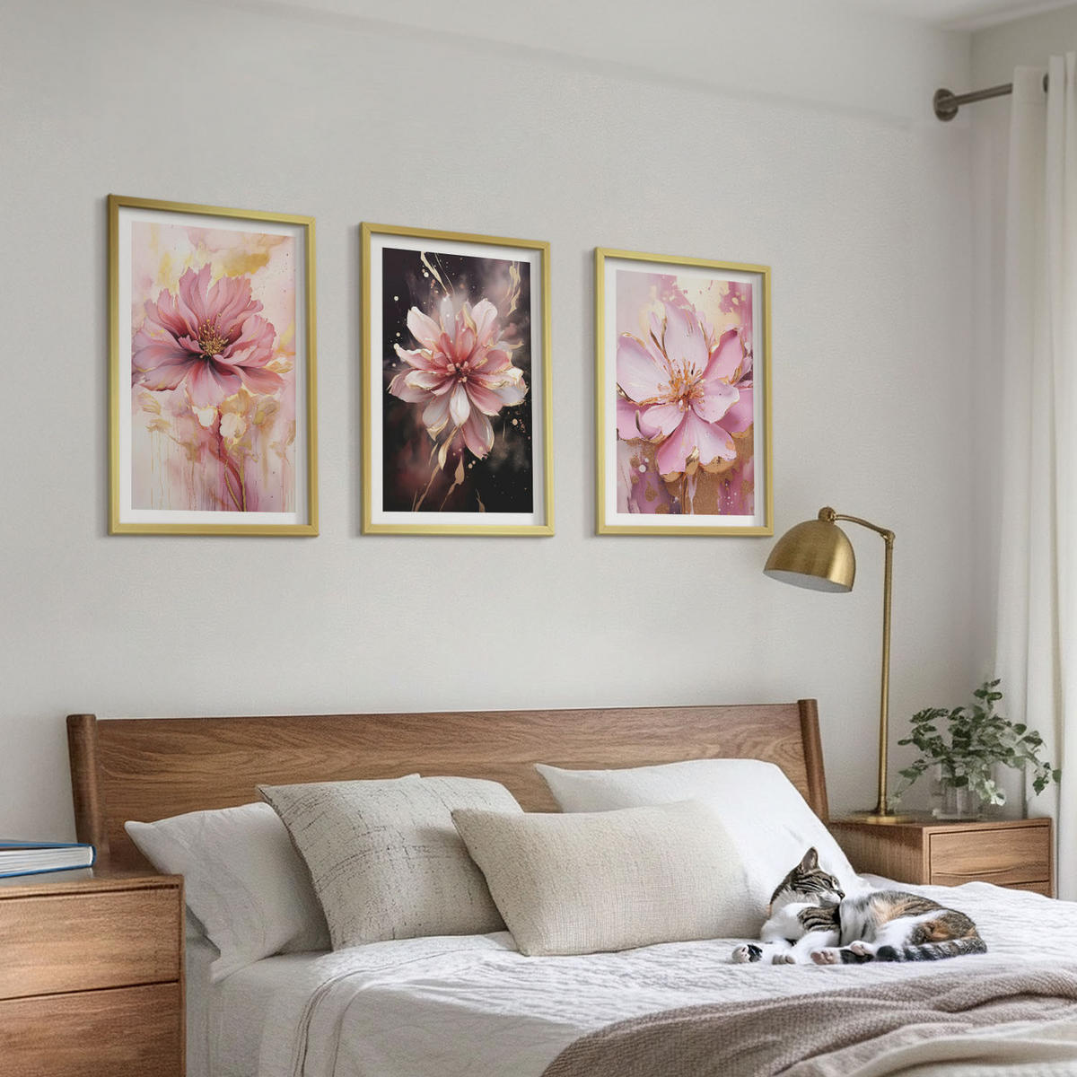 WANDBILDER 3er Set - 40x60 cm Goldrahmen - Blumenkompositionen aus Rosen und Weiß - Goldfarben, Kunststoff (40/60cm) - ArtPrintCave