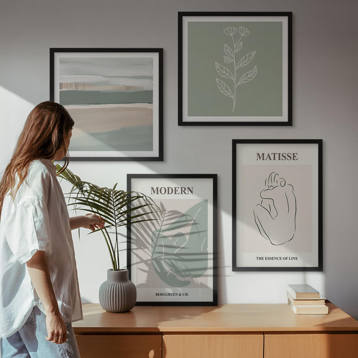 BILDER SET 4er Set - 50x50 cm & 40x60 cm Schwarzer Rahmen - Abstrakte Pflanzenformen - Schwarz, Kunststoff (50/50cm) - TULUP