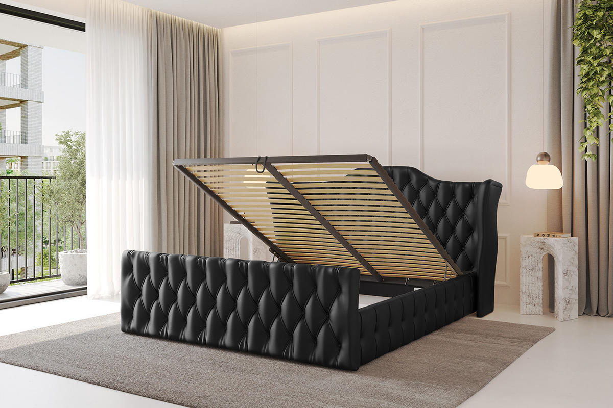 POLSTERBETT mit Bettkasten, Fußteil und Lattenrost, Boxbett ohne Matratze - MODY-Z 180x200 Schwarz Kunstleder - Schwarz Hochglanz, Holzwerkstoff/Textil (180/200cm) - ALTDECOR
