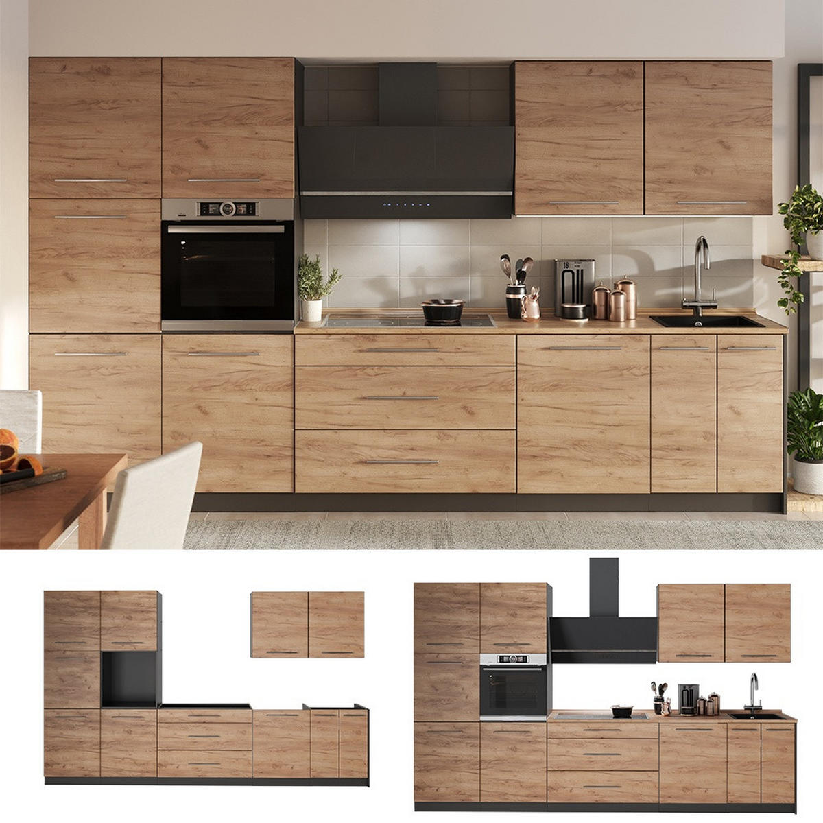KÜCHENZEILE Fame-Line, Goldkraft Eiche/Anthrazit, 340 cm, AP Anthrazit - Honigeiche/Anthrazit, Holzwerkstoff (340/206.8/60cm) - Vicco