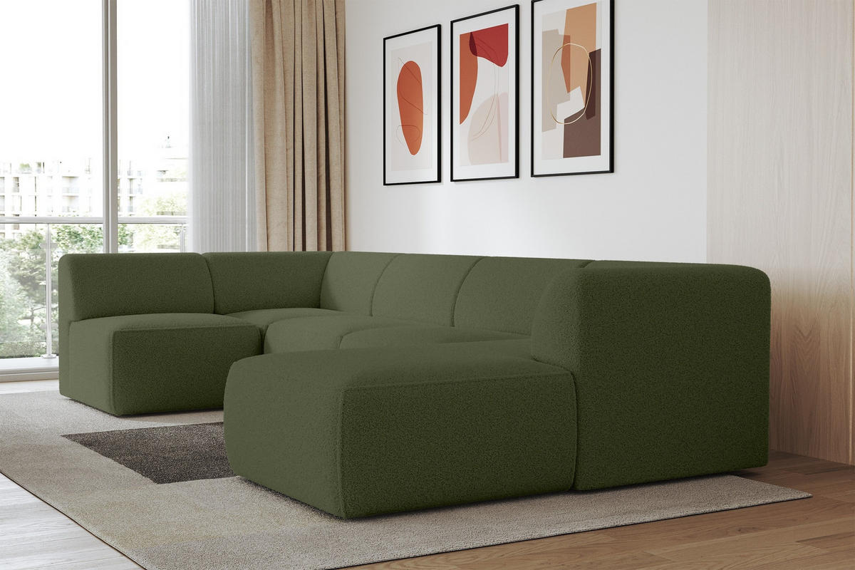 WOHNLANDSCHAFT Ottomane Rechts MOVO-L 345x180x78 cm Grün Bouclé - Schwarz/Grün, Holzwerkstoff/Kunststoff (345/78/180cm) - ALTDECOR