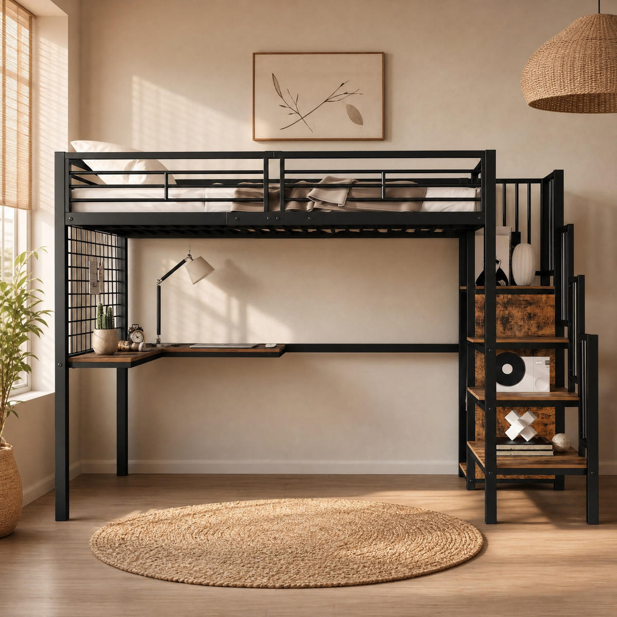 HOCHBETT 90/200 mit Tisch Kleiderschrank und Seitenleiter in Schwarz und dunkler Holzfarbe - Schwarz, Metall (90/200cm) - EVRYAE
