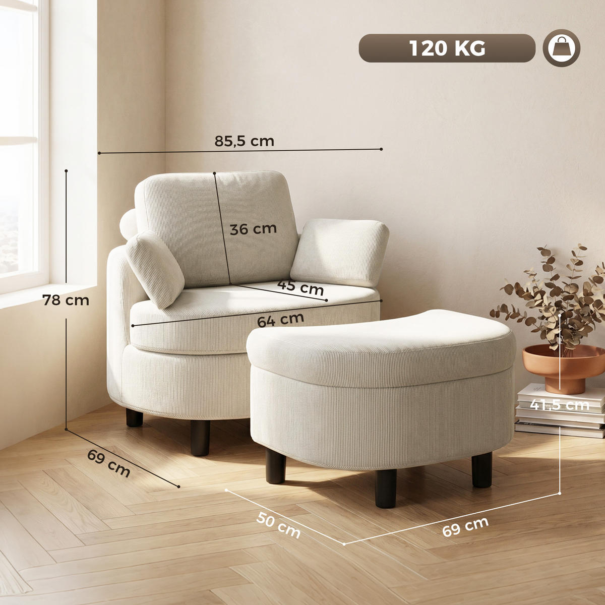 SESSEL Creme 85.5/69.0/78.0cm - Creme, Textil (69/78/85.5cm)