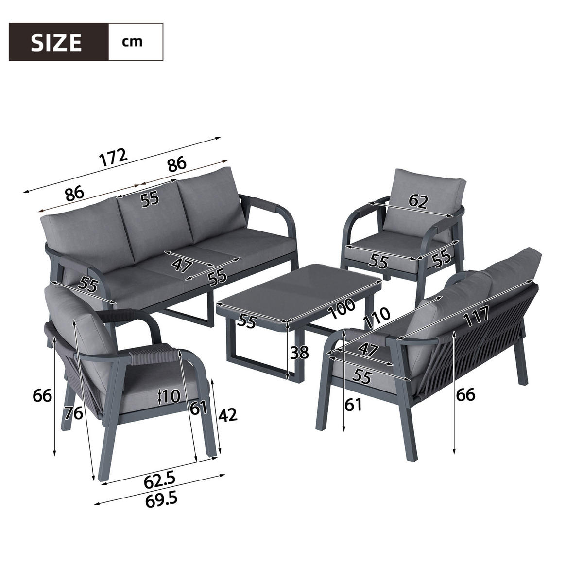 GARTENLOUNGE-SET 172/70/76 cm grau aus Polyester mit Seilgeflecht und Glas-Couchtisch - Grau, Metall - OKWISH