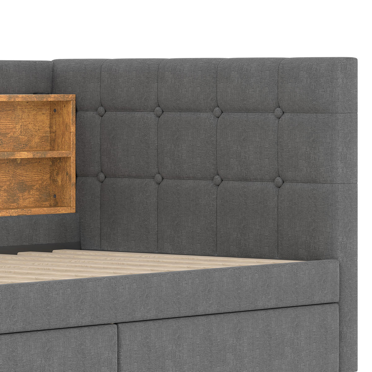 TAGEBETT 90x200cm Grau Leinen 2 Schubladen USB-C Ablagefächer - Grau, Holz (90/200cm) - FLIEKS