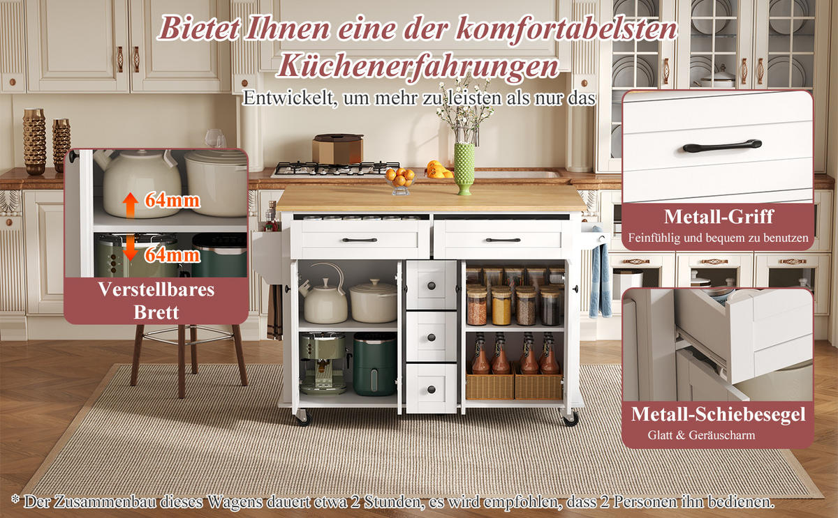 KÜCHENINSEL Weiß-Natur 140/65/89 cm - Weiß, Holzwerkstoff (140/89/65cm) - PANGIVO