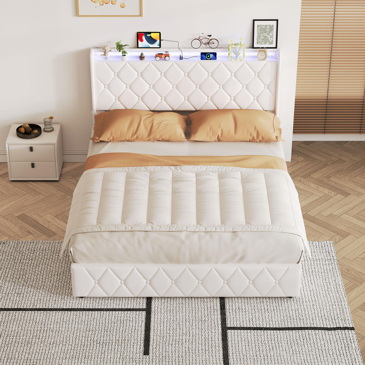 POLSTERBETT 140x200 cm Beige mit RGB-LED, USB-C & hydraulischem Stauraum - Beige, Holz (140/200cm)