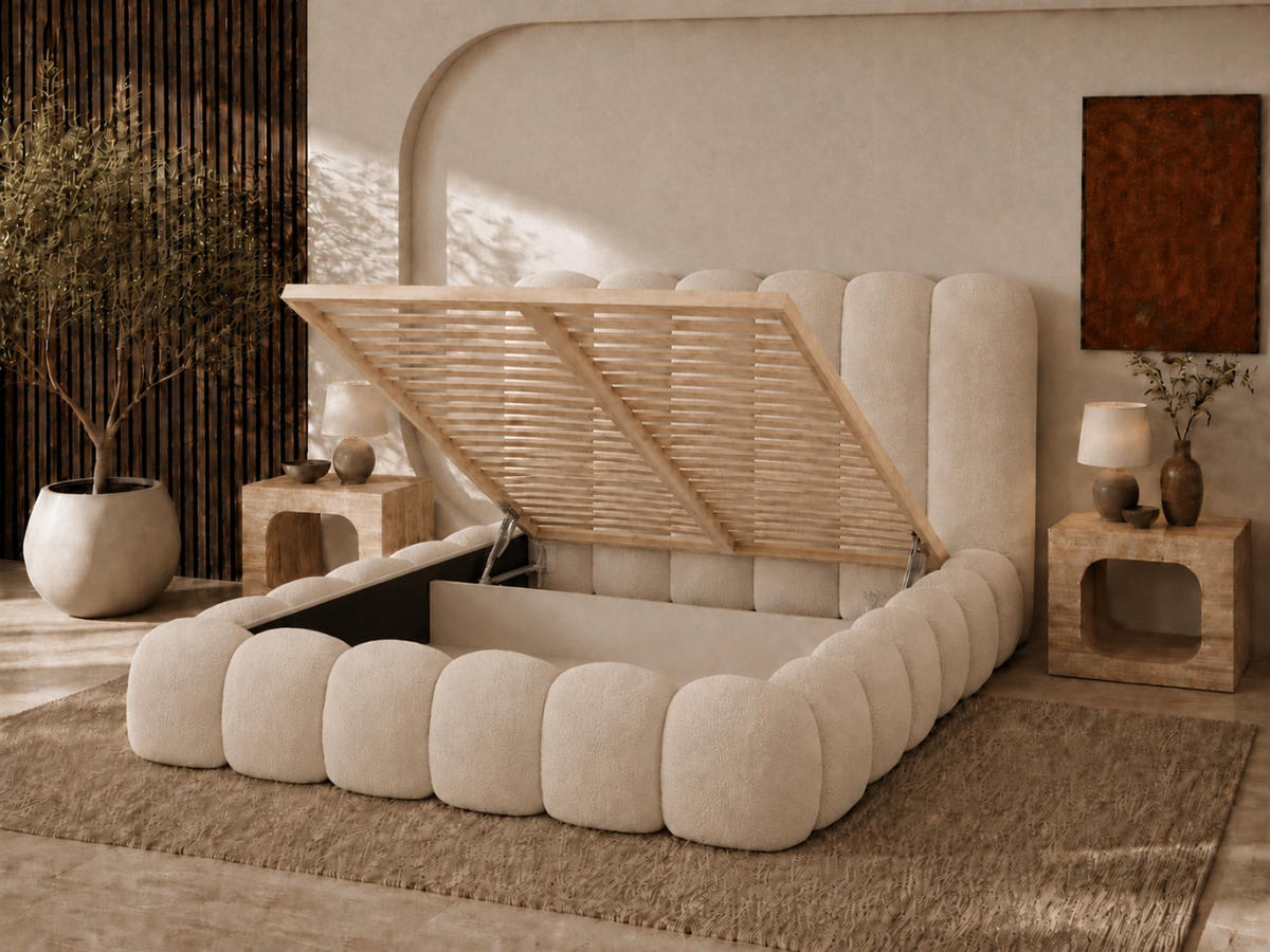 POLSTERBETT MELLOW 120x200 cm in Beige, gepolstertes Kopfteil, Lattenrost, Bettkasten, Bouclé-Stoff - Beige, Holz/Textil (120/200cm) - EMLAR Home