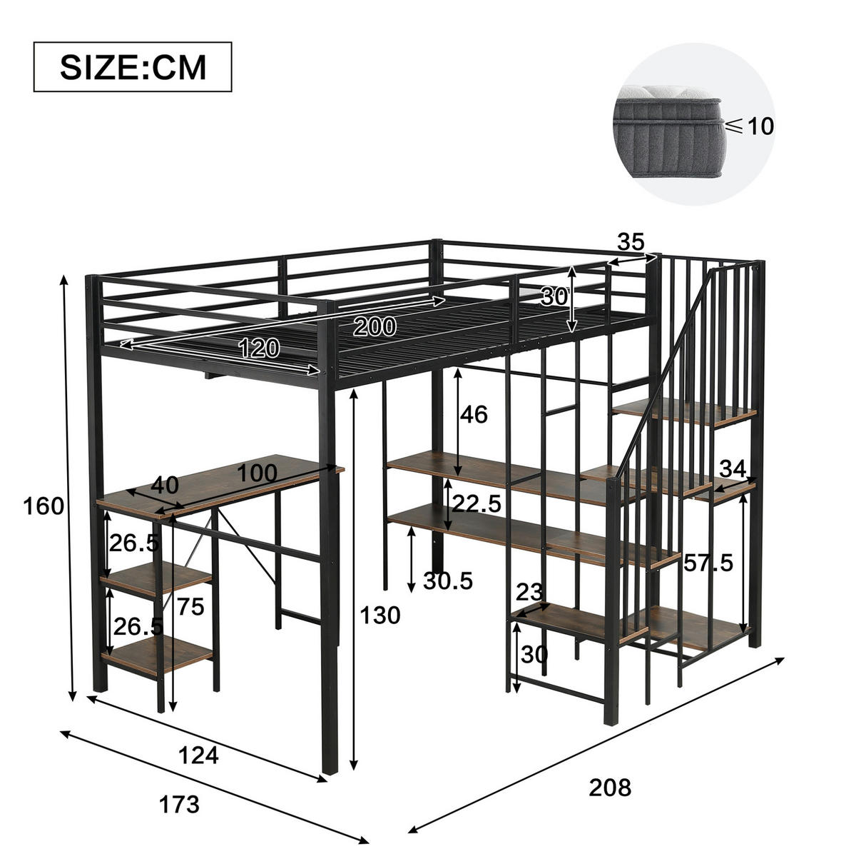 HOCHBETT 120/200 cm aus Metall mit Schreibtisch und offenem Kleiderschrank - Schwarz, Holzwerkstoff (120/200cm) - BEAOK