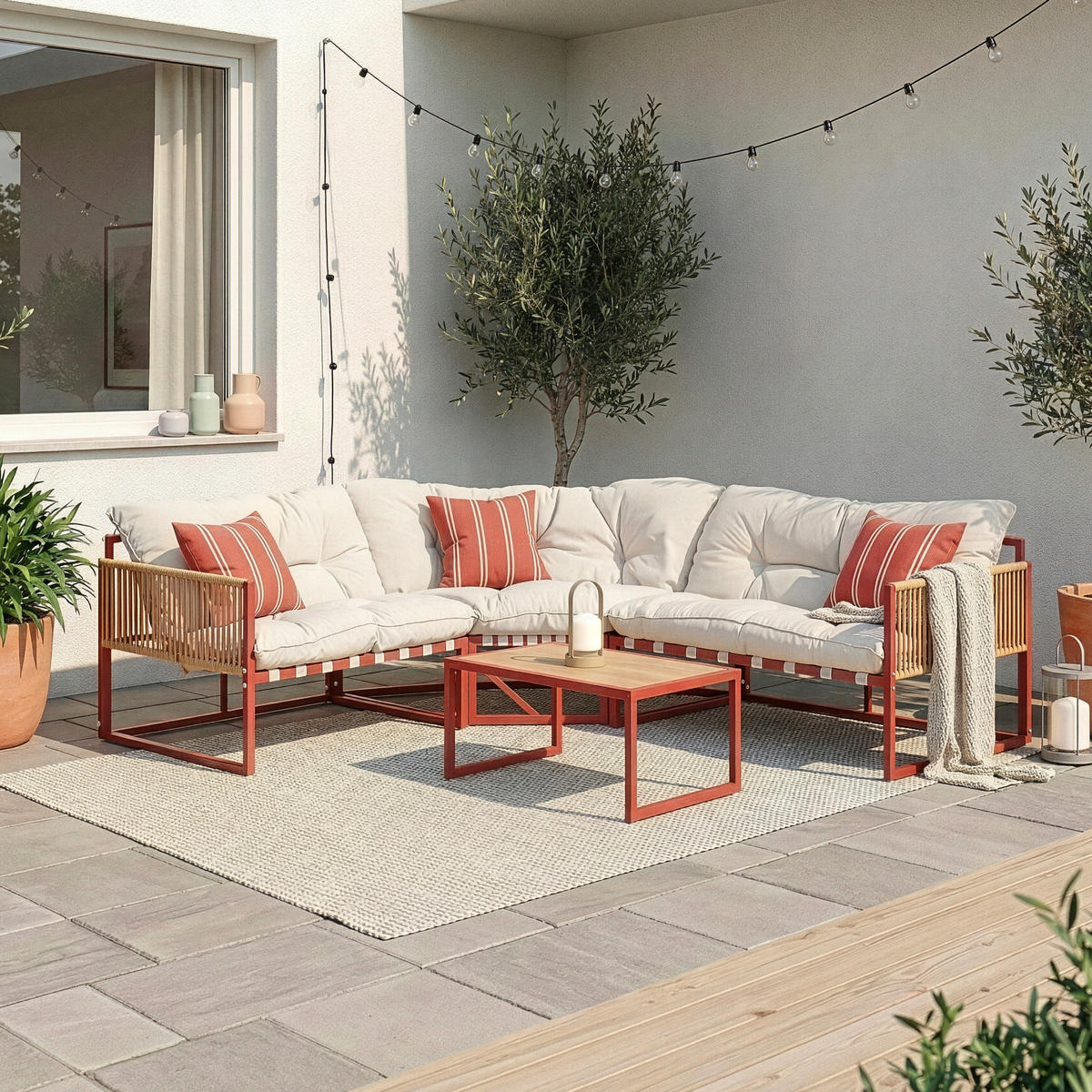 GARTENMÖBEL-SET 4 TLG. Karg - Eichefarben/Beige, Kunststoff/Metall - casa.pro