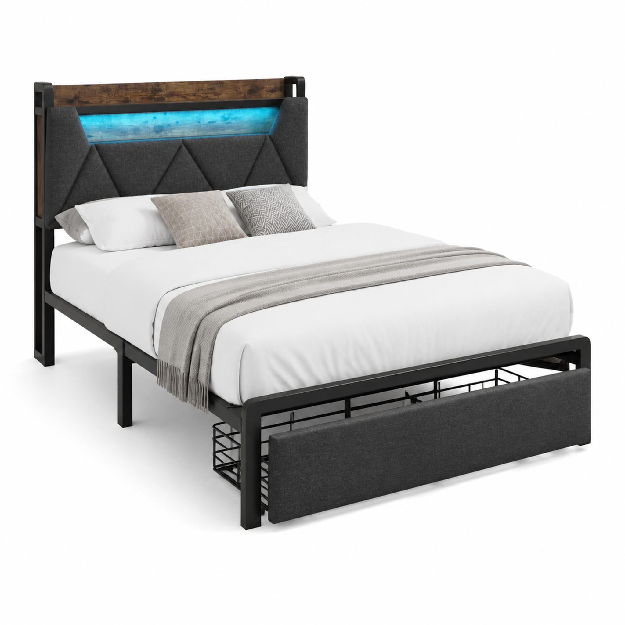 POLSTERBETT mit LED, USB und Stauraum 90x200 cm Leinen Grey inkl. Matratze - Grau, Metall (90/200cm) - Meubliv