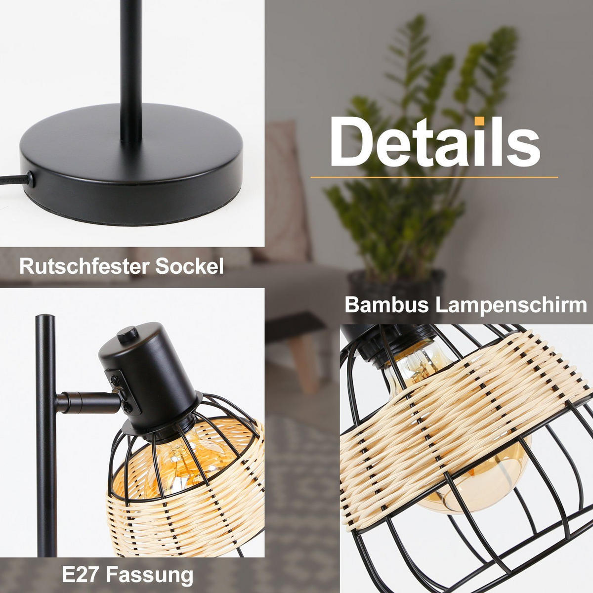 TISCHLEUCHTE Bambuskäfig 16/13.7/38 cm - Schwarz, Metall (13.7/16/38cm) - Nettlife