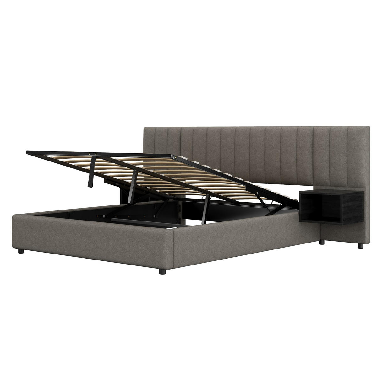 POLSTERBETT 160/200 cm grau aus Leinen mit Hydraulik-Stauraum und 2 Nachttischen - Grau, Textil (160/200cm) - OKWISH
