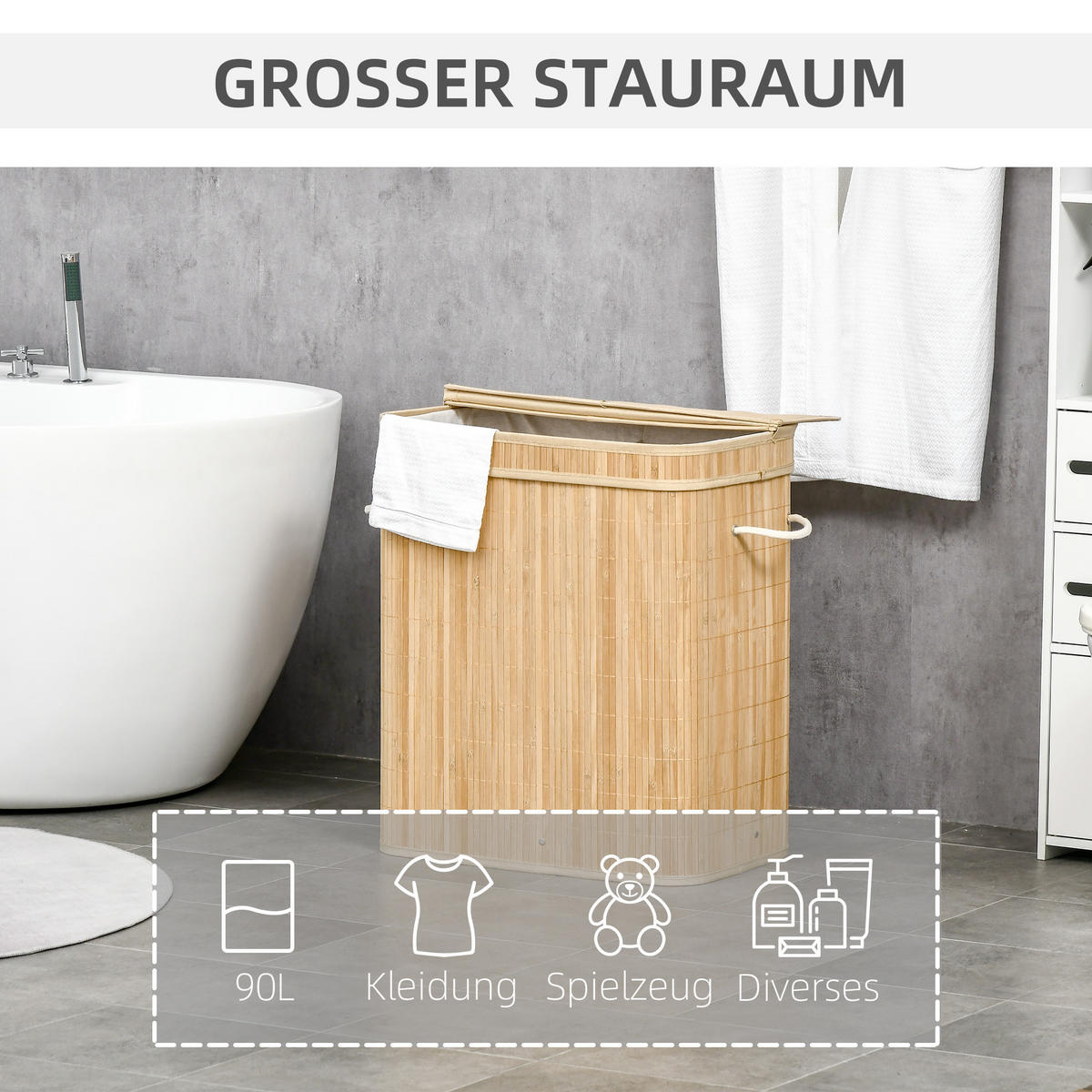 WÄSCHEKORB mit Deckel 90 L, Natur - Naturfarben, Naturmaterialien (54.2/59.5/35.2cm) - HOMCOM
