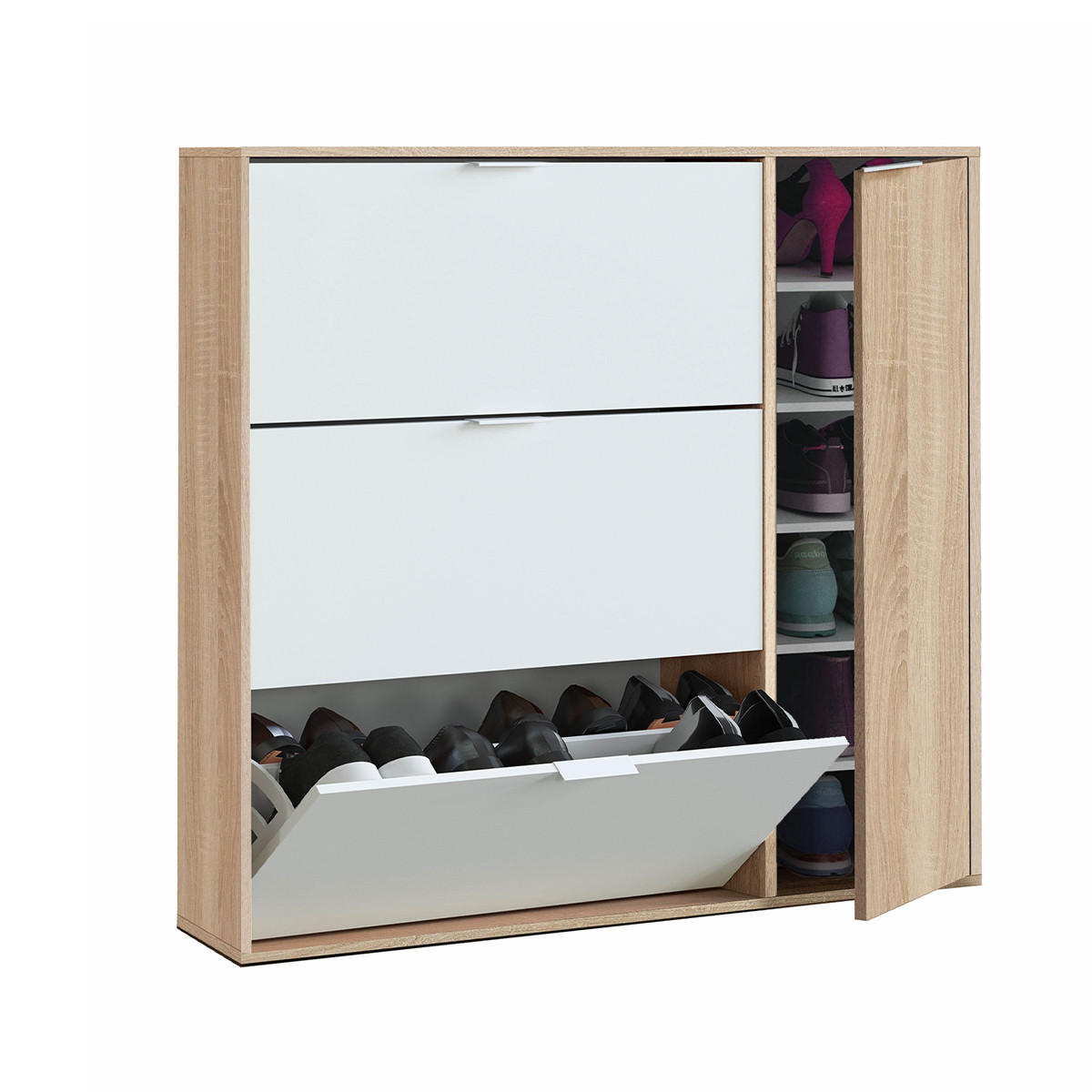 SCHUHMÖBEL 3 Klappen und 1 Tür 30 Paar Schuhe - L106 cm - Weiß/Eiche Artisan, Holzwerkstoff (22/115/11.5cm) - Calicosy