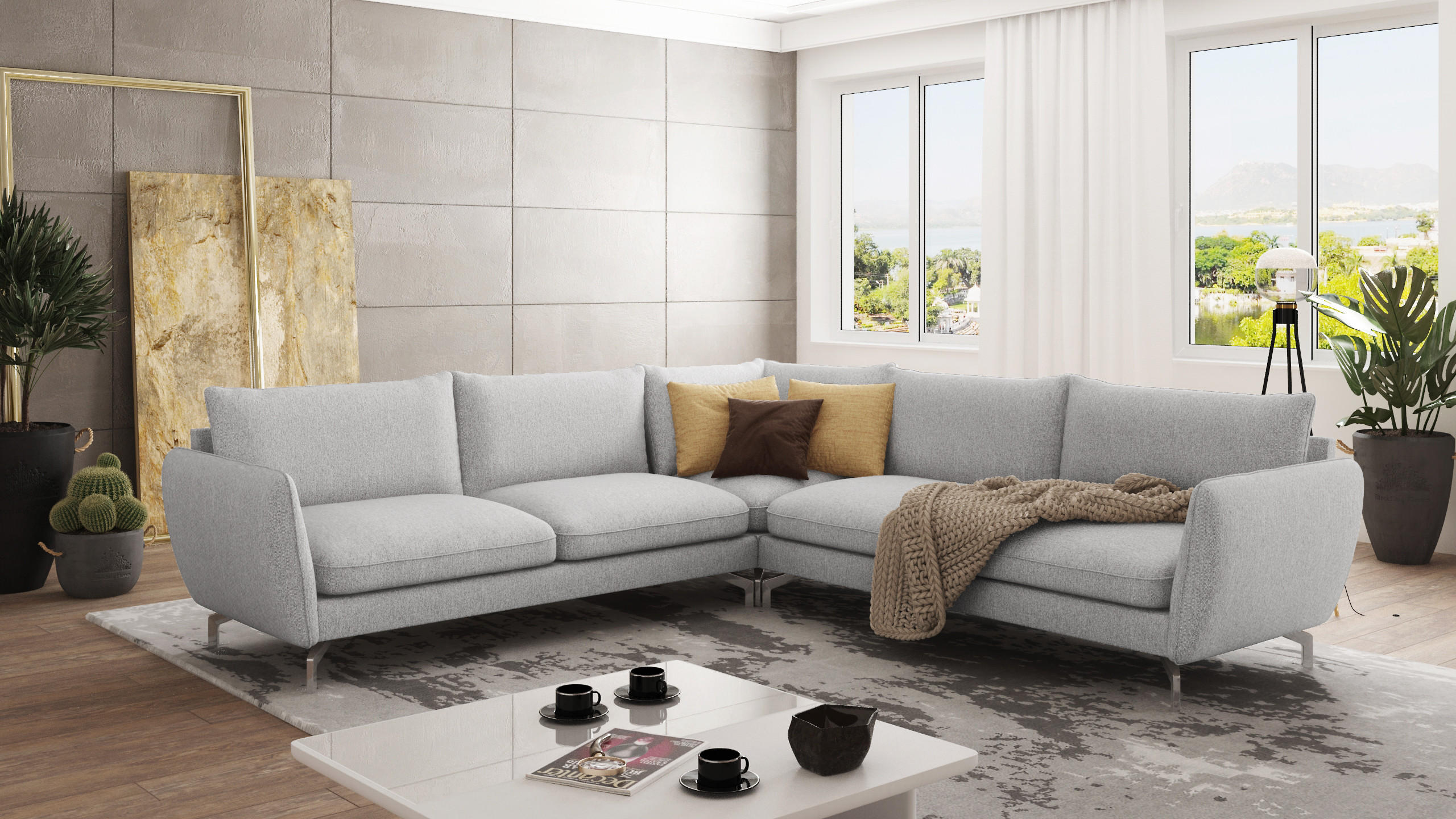 ECKSOFA Elou Silber Microfaser - Chromfarben/Silberfarben, Holz/Textil (276/276cm) - S-Style Möbel