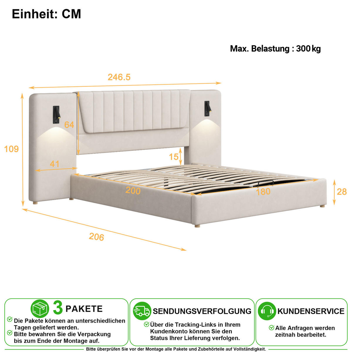 POLSTERBETT 180/200 cm in Beige mit LED, USB und Bettkasten Samt - Beige, Holzwerkstoff/Textil (180/200cm) - CHICFURN