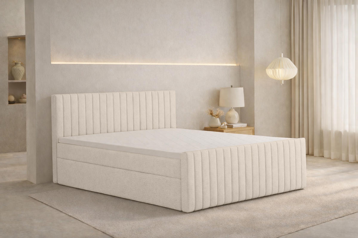 BOXBETT Mit Matratze Und Bettkasten, Chenille-Stoff Flow, Beige, 200x200 cm, H3-Bonell, DEMETER - Beige, Holz (200/200cm) - Kaiser Möbel