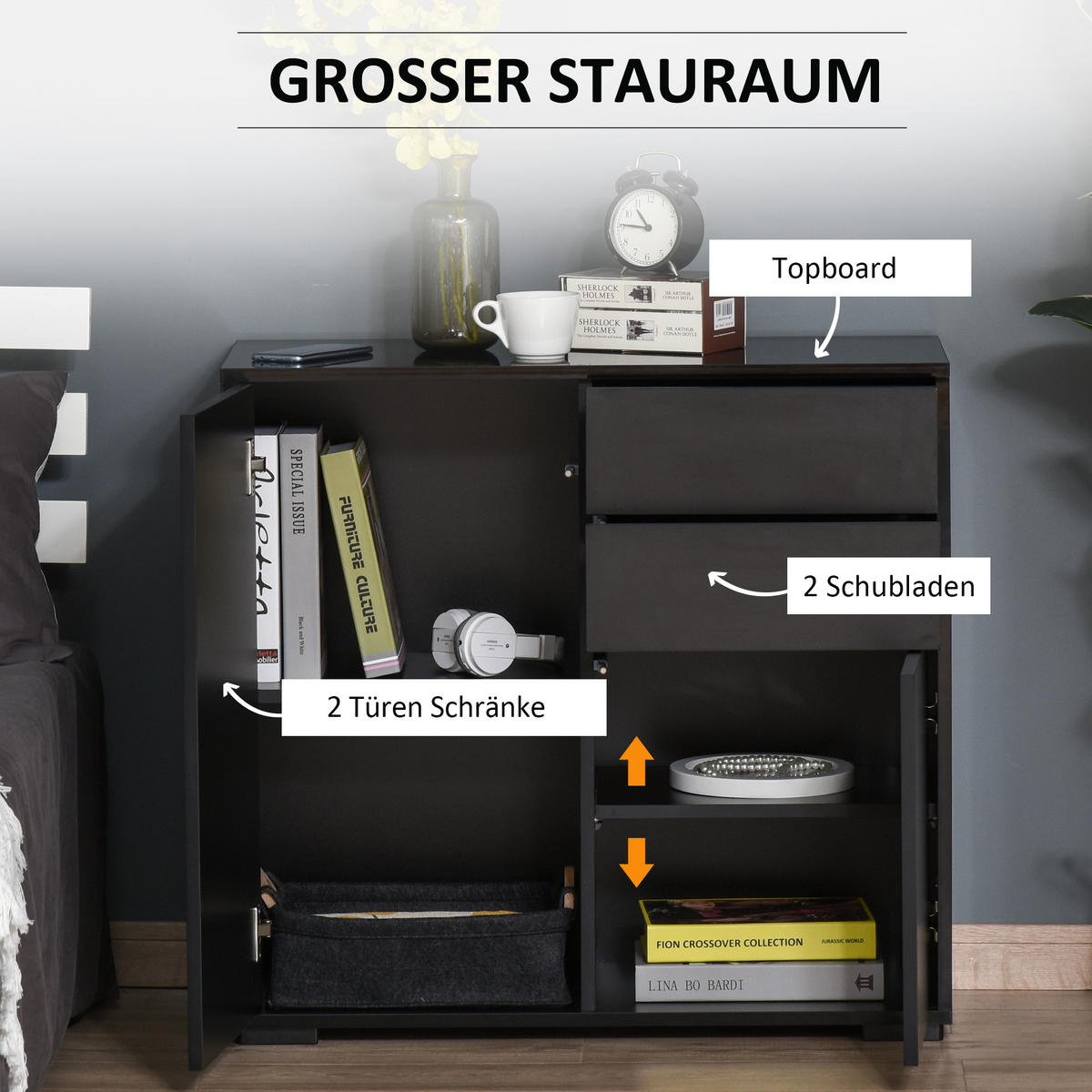 SIDEBOARD mit 2 Türen, 2 Schubladen und verstellbaren Einlegeböden, 79 x 36 x 74 cm, Schwarz, Sperrholz - Schwarz, Holzwerkstoff (79/74/36cm) - SONNENH