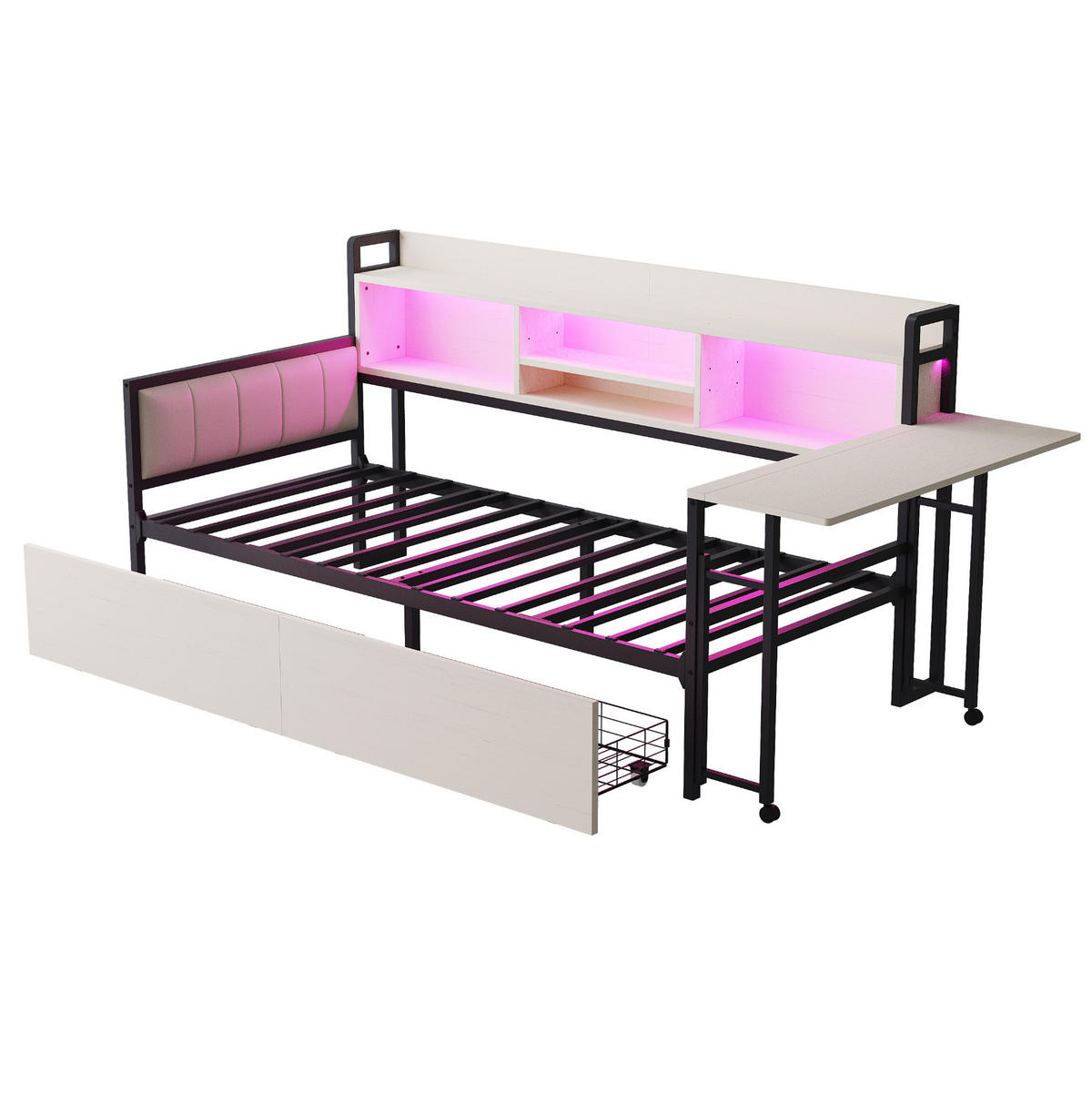 METALLBETT 90/200 cm mit Stauraum, Schreibtisch und LED in Weiß - Weiß, Metall (90/200cm) - BEAOK