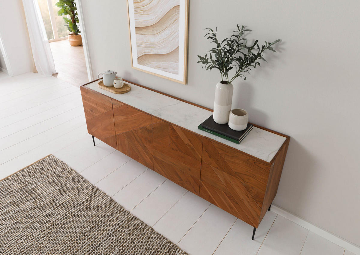 SIDEBOARD Akazie 200x40x76 natur lackiert / Marmor weiß KARLSTAD #16 - Braun, Holz (200/76/40cm) - Massivmoebel24