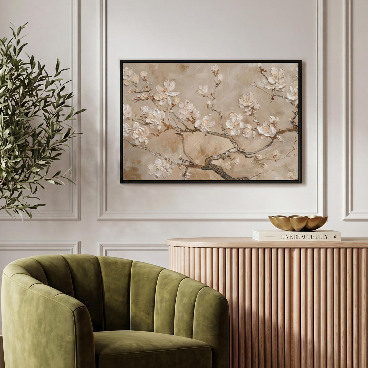 LEINWAND Bilder mit Rahmen - Blumen - Modern - Beige - Weiß - Blüte - 60x40 - Beige, Textil (60/40cm) - MuchoWow