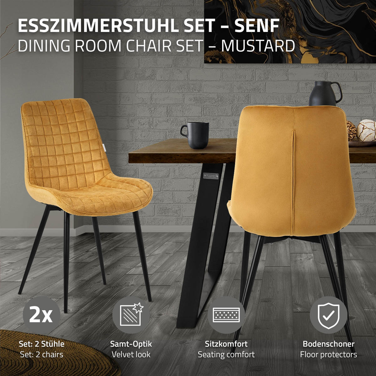 ESSZIMMERSTÜHLE 2ER-SET Senfgelb Samt - Dunkelgelb/Schwarz, Textil/Metall (52/89/60cm) - ML-DESIGN
