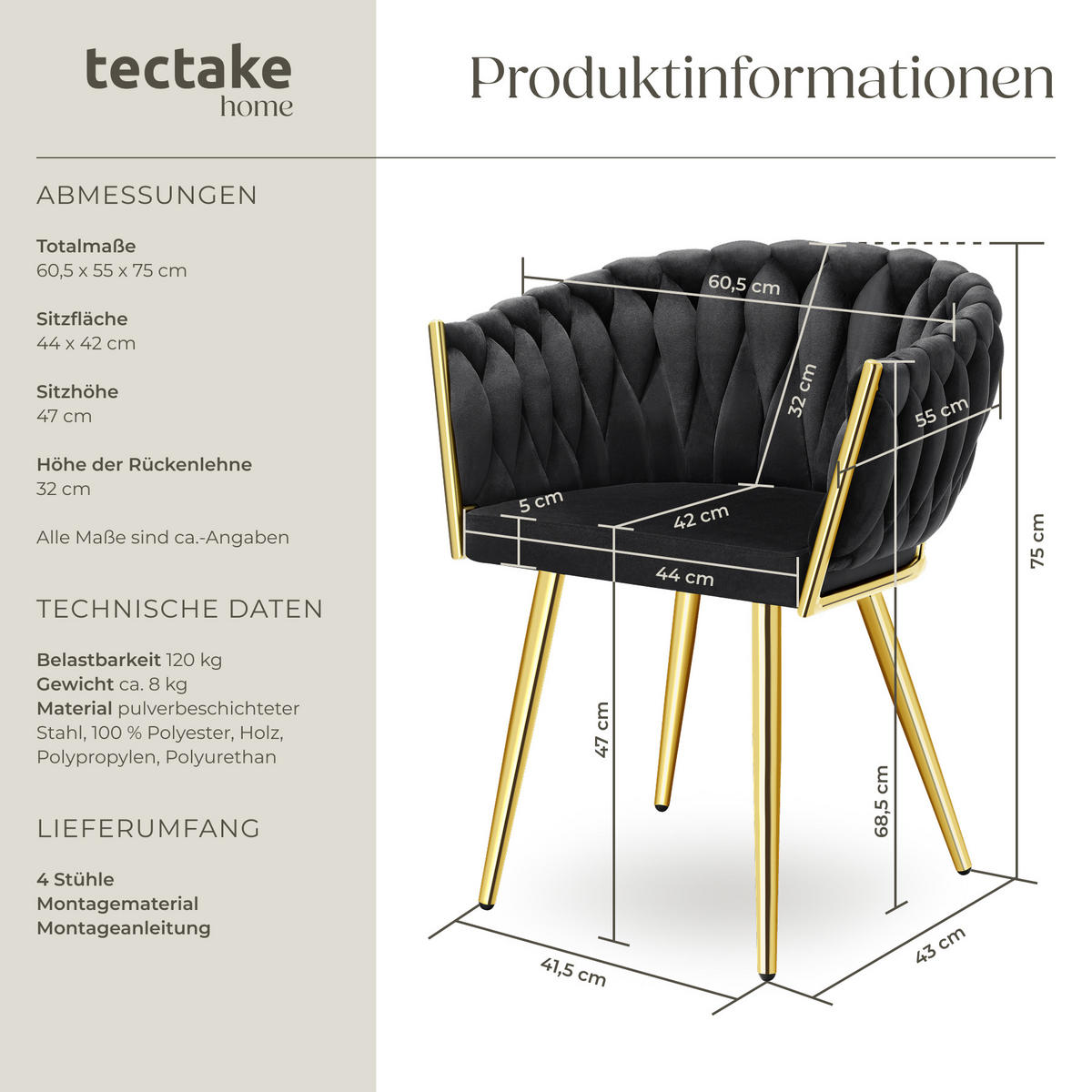 ESSZIMMERSTUHL 4er Set Astano,60,5 x 55 x 75 cm,schwarz/gold - Goldfarben/Schwarz, Textil (60.5/75/55cm) - tectake