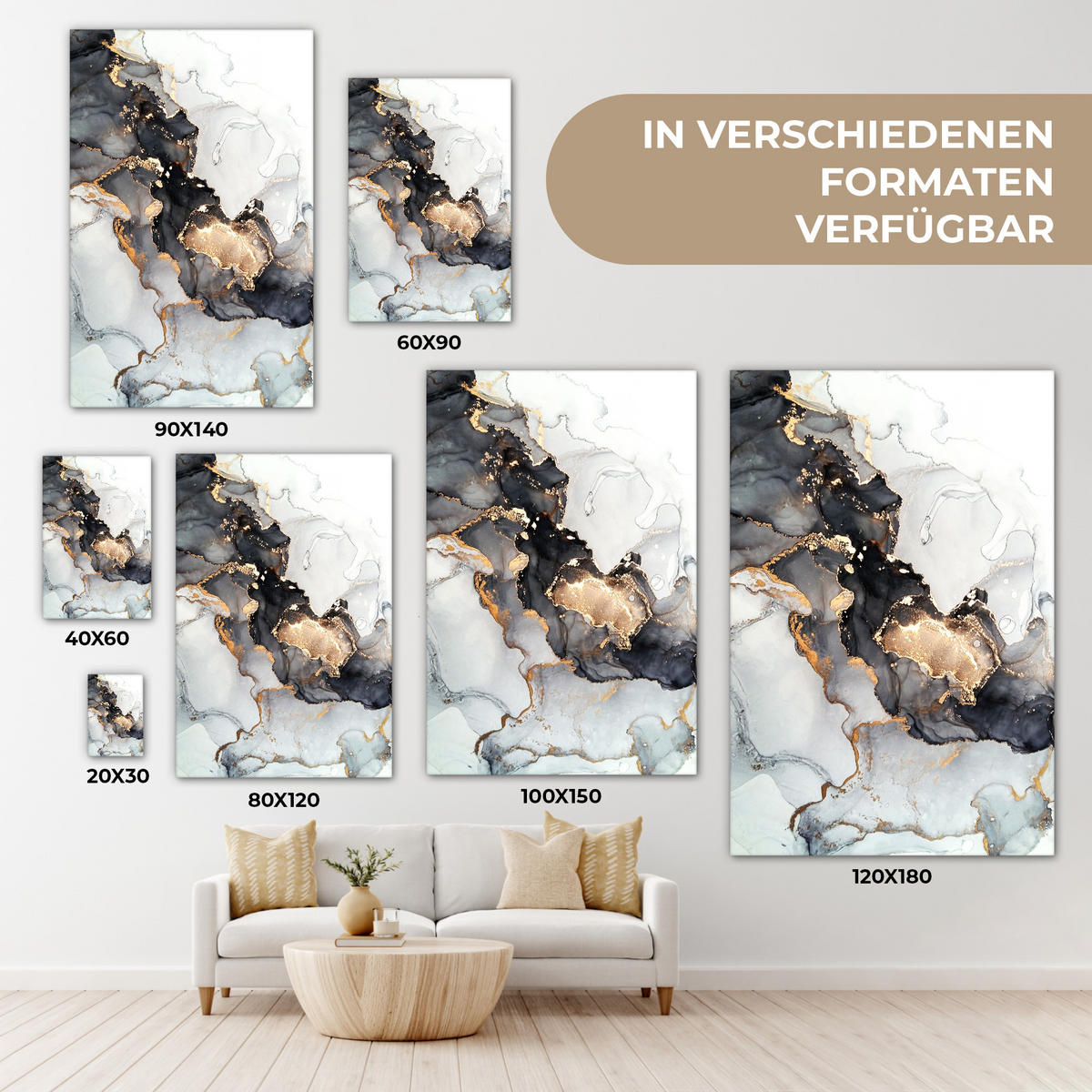 LEINWANDBILD Marmor - Schwarz - Weiß - Gold - Luxus - Abstrakt 60x90 cm - Goldfarben, Textil (60/90cm) - MuchoWow