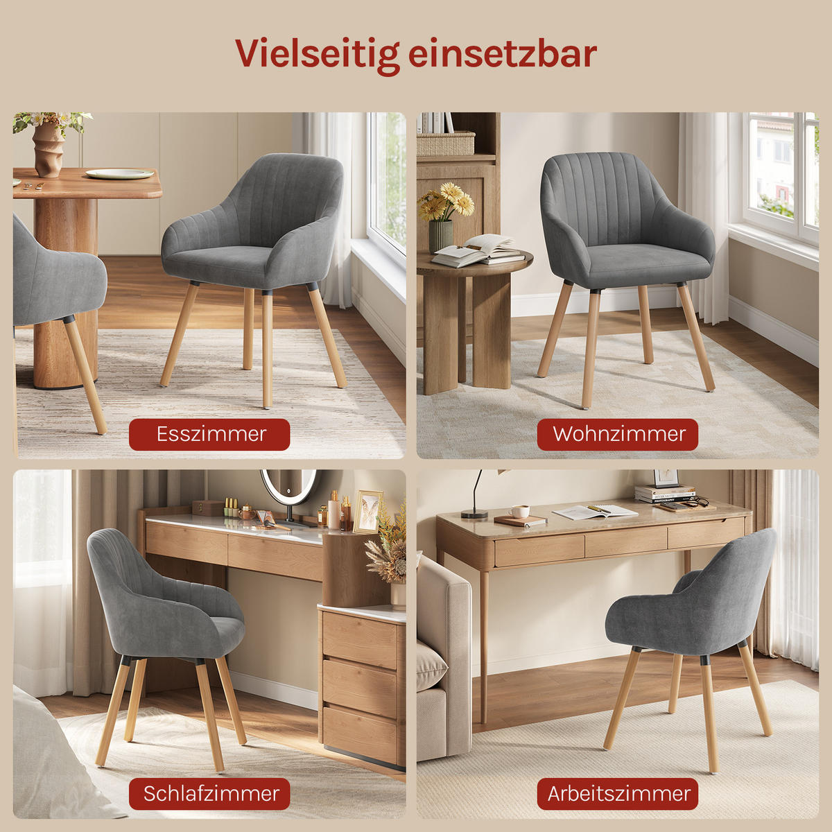 ESSZIMMERSTUHL 6er-Set, Samt, Massivholz, Dunkelgrau - Dunkelgrau/Naturfarben, Holz/Textil (42/81/50cm) - Woltu