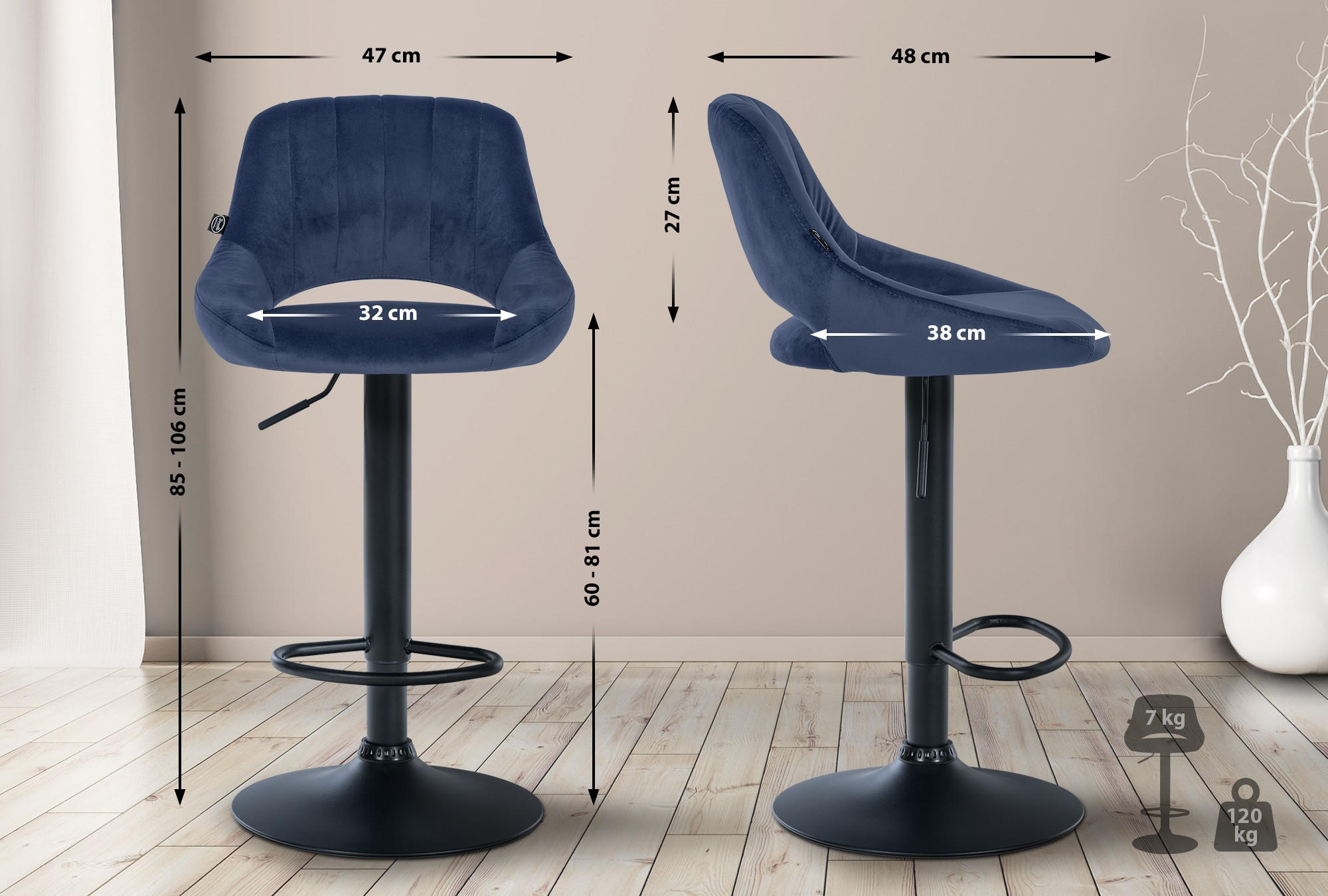 Thumbnail - CLP Barhocker, Blau, Textil, 47x85x48 cm, Esszimmer, Barmöbel, Barhocker