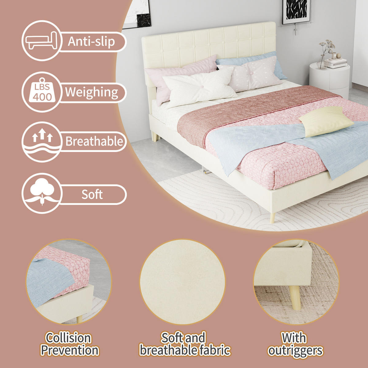 POLSTERBETT 140/200 cm in Beige aus Samt mit gepolstertem Kopfteil - Beige, Textil (140/200cm) - Flora Grace