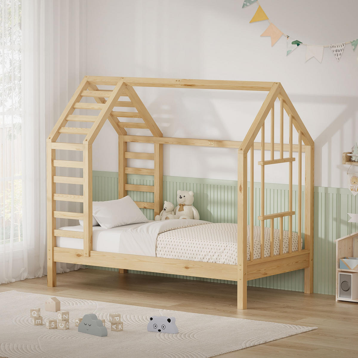 DĚTSKÁ POSTEL 70x140 cm s lamelovým roštem, střechou a oknem – postel ve tvaru domečku z masivního borovicového dřeva v přírodní barvě - přírodní, dřevo (70/140cm) - ML-DESIGN
