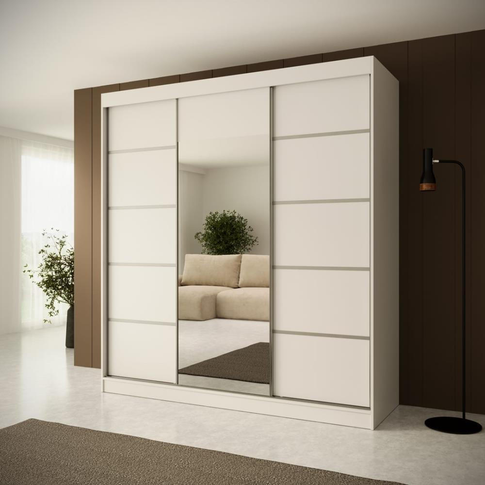 SCHWEBETÜRENSCHRANK Monica 200/215/61 3-türig weiß+silber mit Spiegel - Silberfarben/Weiß, Holzwerkstoff (200/215/61cm) - Beautysofa