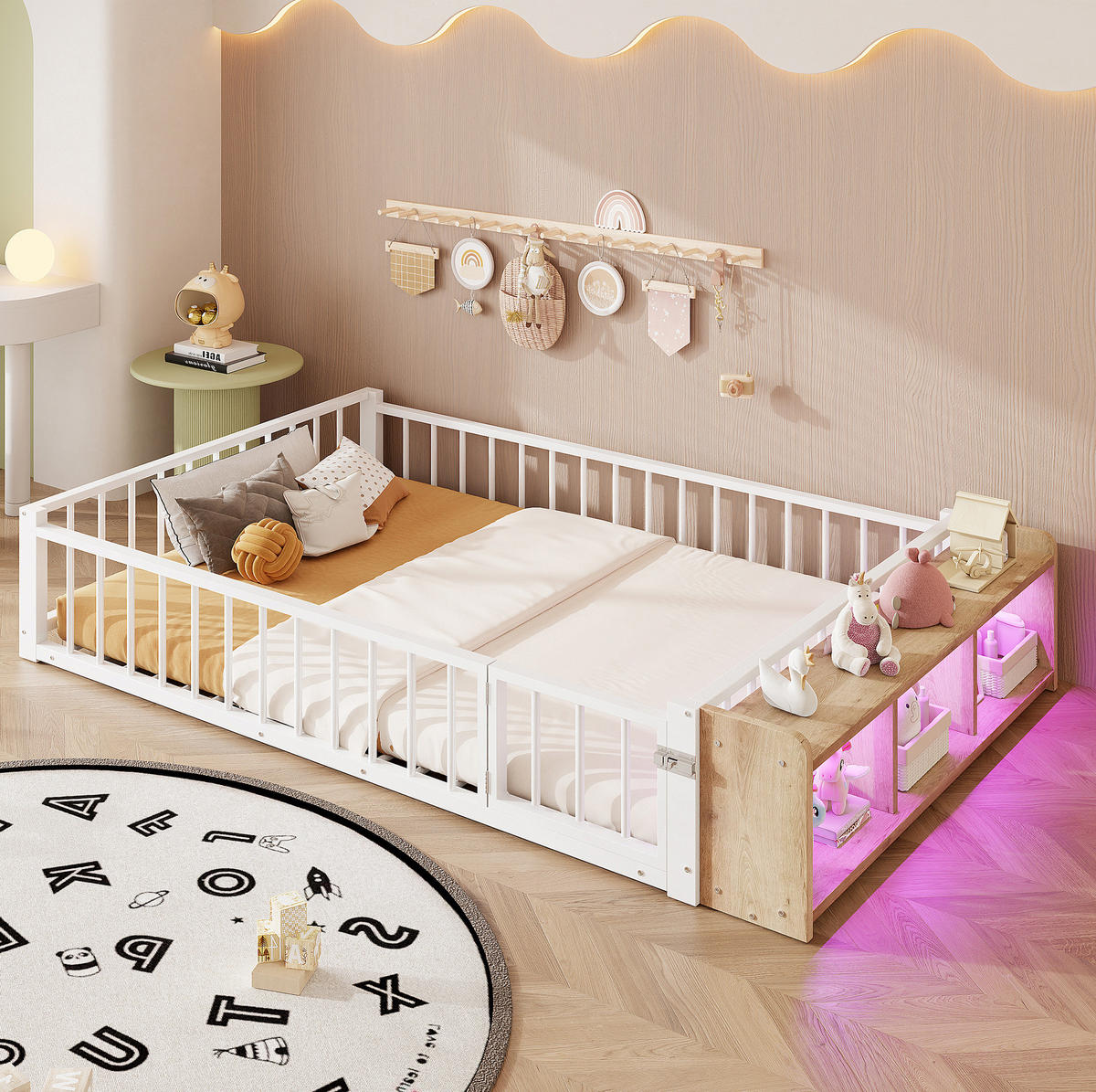 KINDERBETT 140/200 cm Weiß aus Metall mit Schutzgeländer und LED-Beleuchtung - Weiß, Holzwerkstoff (140/200cm) - Flora Grace