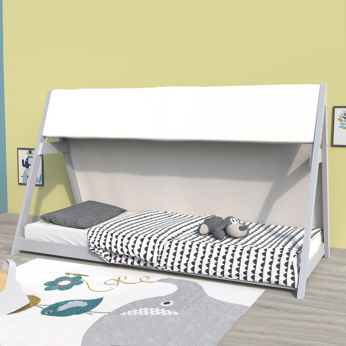 HAUSBETT TIPI/ Kinderbett 90x200 mit Stoff und Lattenrost- Grau - Grau, Holz (90/200cm) - Weber Industries