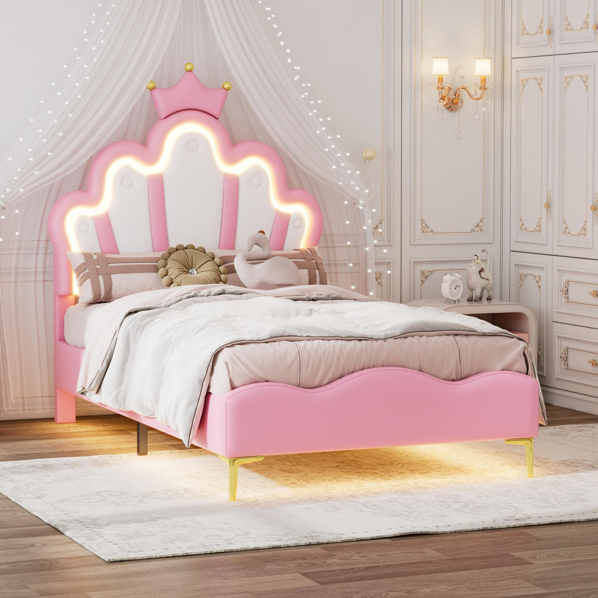 KINDER-POLSTERBETT 90x200 cm Princess Dream mit Kronen-Kopfteil und intelligenter RGB-LED, Kunstleder Pink & Weiß - Pink, Textil (90/200cm) - DELFA
