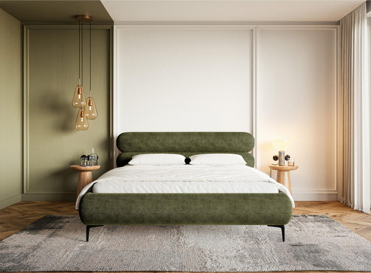 POLSTERBETT Roule Olivgrün Chenille mit schwarzen Metallbeinen 180 cm - Schwarz/Olivgrün, Textil/Metall (180/200cm) - Selsey