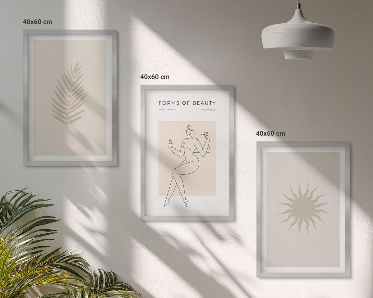 BILDER SET 3er Set - 40x60 cm Silberner Rahmen - Eine Sammlung minimalistischer Formen - Silberfarben, Kunststoff (40/60cm) - TULUP