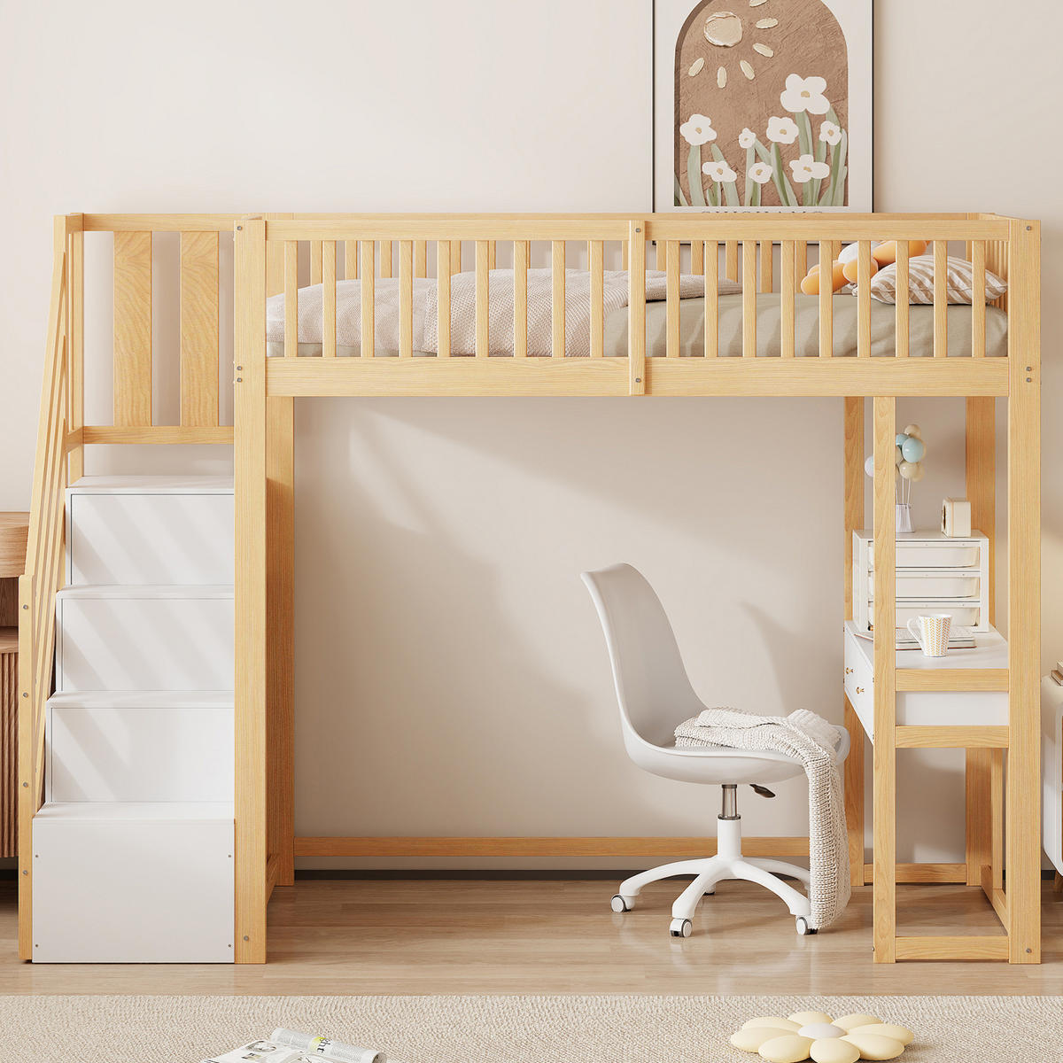 HOCHBETT 90/200 cm Weiß mit Tisch und Aufbewahrungstreppe - Weiß, Holz (90/200cm) - MIVRAY