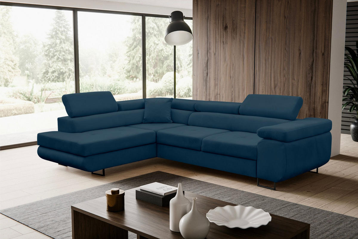 ECKSOFA Jerry in L-Form mit Schlaffunktion und Bettkasten, Farbe: Blau, Veloursstoff, Ottomane Links - Blau, Textil (202/275cm) - VENASI MÖBEL